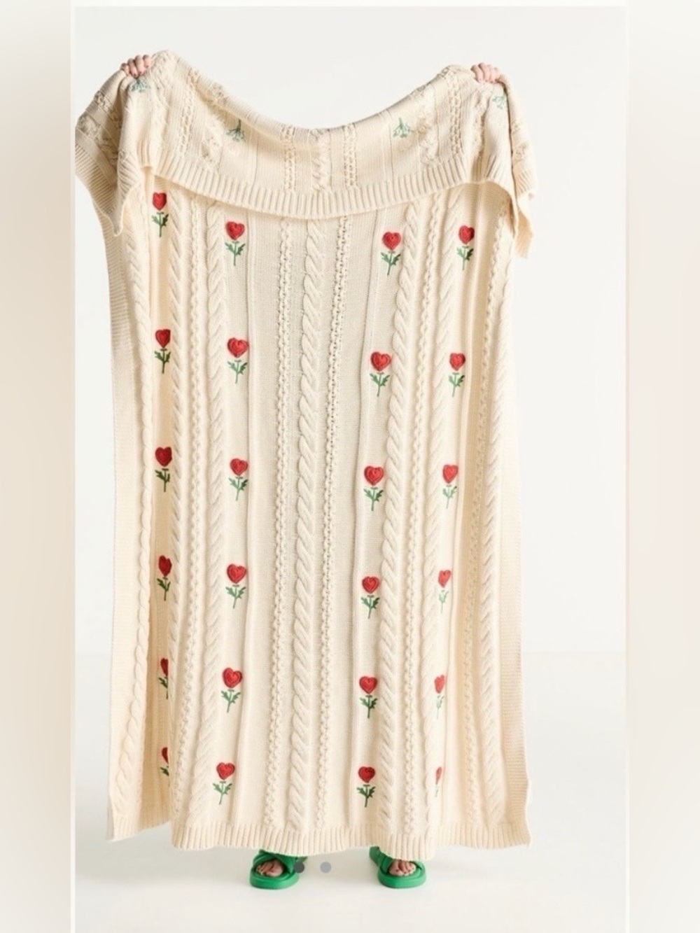 Anthropologie Cable Knit Floral Icon Throw Blanket
